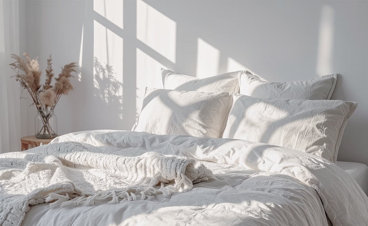 Espacio de descanso cuidado con almohadas y edredón.