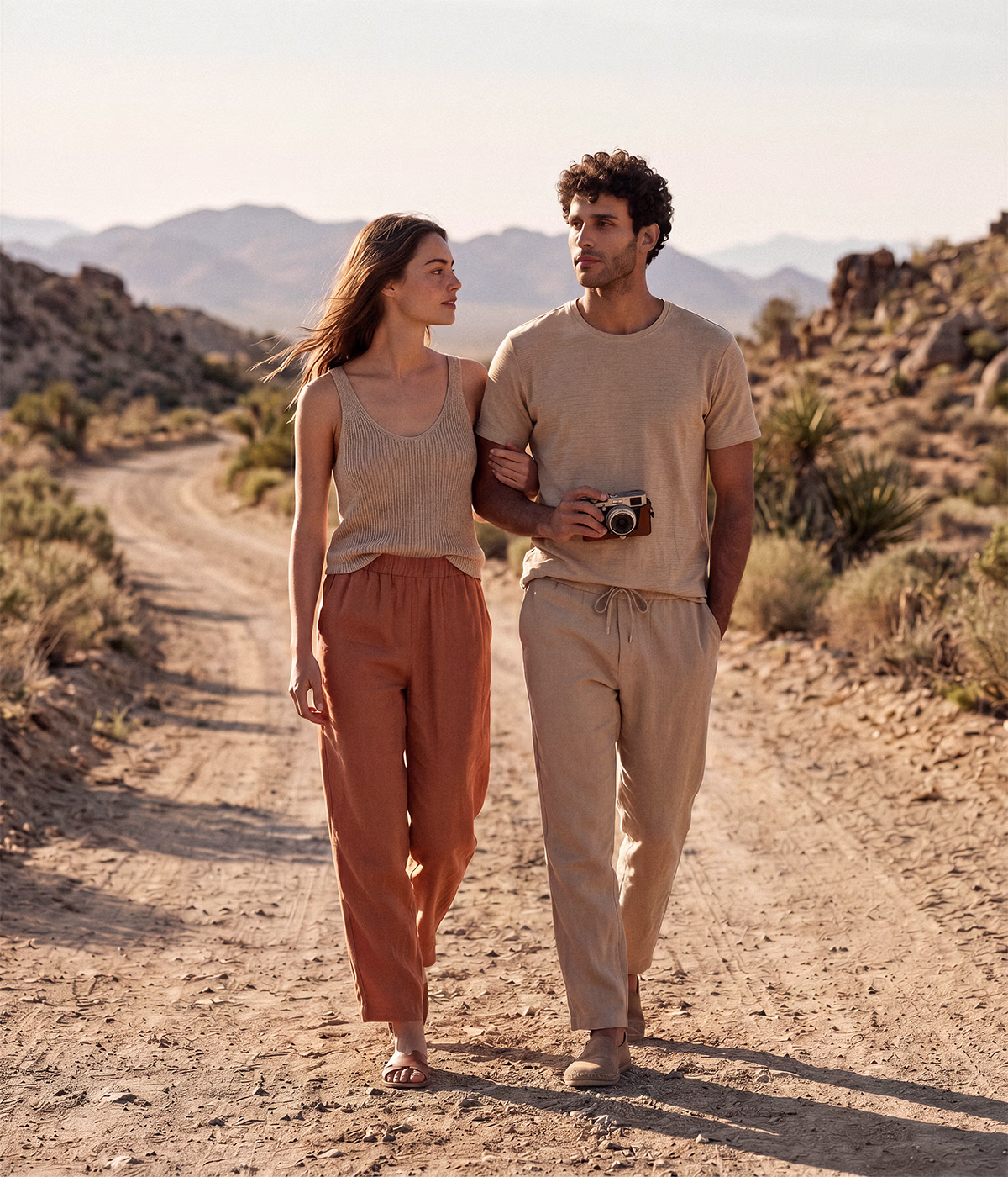Pareja dando un paseo tranquilo en mitad del campo. Imagen en tonos cálidos y neutros.